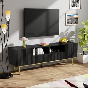 MODFU Lowboard TV-Schrank mit 2 Schublade und 2 Tür, Lange 165cm Fernsehtisch Wohnzimmerschränke TV-Möbel mit goldenen Füßen für Fernseher bis zu 70 Zoll für Wohnzimmer, Esszimmer und Schlafzimmer,Schwarz