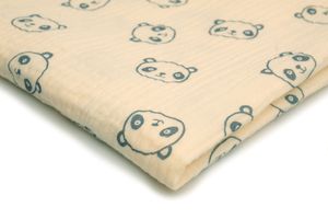 Baumwoll Musselin Stoff mit Aufdruck, Double Gauze, Pandas auf Ecru 50 x 130 cm