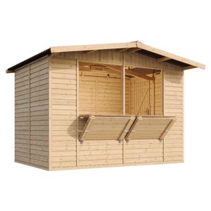 TIMBELA M150 drevený záhradný domček, drevený predajný stánok, kvalitný predajný stánok z borovicového dreva, drevený domček s pultom, DVE OKNÁ, V232x336x263 cm/6 m2, veľká multifunkčná záhradná barová predajná chatka, drevené predajné stánky