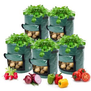 Balení 5 pytlů na pěstování brambor, průměr 35 cm, výška 50 cm Zahradní květináče na zeleninu z textilu s uchy a přístupovou klapkou pro sázení brambor, mrkve, arašídů, cibule