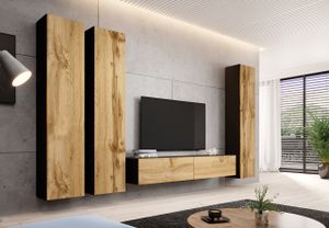 Wohnwand Wohnzimmer - Set Schrankwand VIGO 1G schwarz / eiche wotan 4tlg mit hängendem TV-Schrank und Hängeschränke 300cm breit