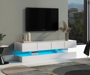 Fortuna Lai TV Lowboard mit LED-TV Schrank Wandmontierter Lowboard Fernsehschrank mit  2 Schränken und 4 großen Schubladen Weiß 130*33*15cm
