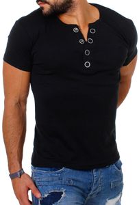 Young & Rich Herren Uni feinripp T-Shirt mit Knopfleiste & tiefem Ausschnitt deep V-Neck einfarbig big buttons große Knöpfe 1872, Grösse:M, Farbe:Schwarz