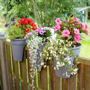 Blumenkasten mit Halterung Flowerclip für Geländer 3er Set - Pflanzkasten für Balkongeländer - Recycelter Kunststoff, Farbe:Grau