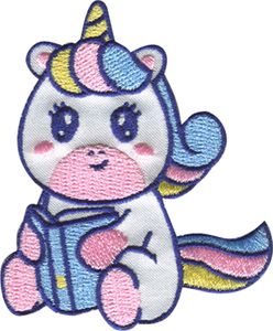 Einhorn mit Buch - Aufnäher, Bügelbild, Aufbügler, Applikationen, Patches, Flicken, Zum Aufbügeln, Größe: 6 x 7,3 cm