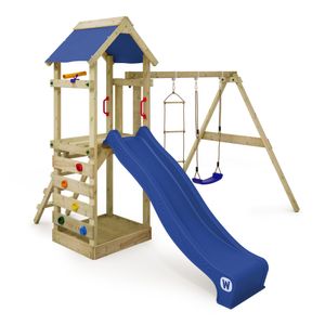 WICKEY Hracia veža FreeFlyer s hojdačkou a šmýkačkou, lezecká veža s pieskoviskom, rebríkom a hracími doplnkami - modrá