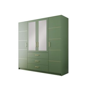 Easy Furniture Kleiderschrank Bali D4 mit Spiegel 196 cm, 3 Schubladen, Garderobeschrank Schlafzimmer, Wohnzimmerschrank, Farbe: Flaschengrün