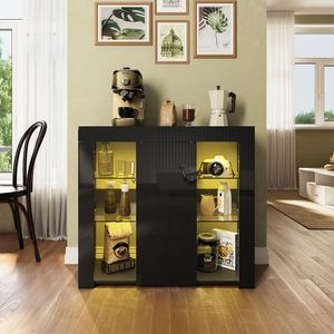 SONNI schwarz hochglanz Kommoden 90x35x83cm mit 12-farbig einstellbare LED-Beleuchtung und Gehärtetes Glas Wohnzimmer schränke