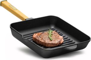 Ø26cm Steakpfanne aus Gusseisen mit Holzgriff Grillpfanne Pfanne geeignet für Gasgrill Backofen Feuerstelle Induktion