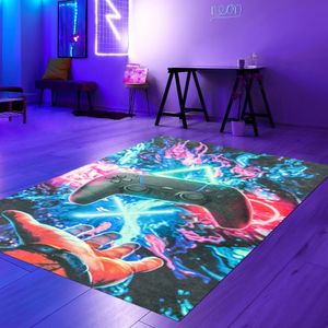 Gaming-Teppich mit lebendigen neon-farbigen Symbolen und schwebendem Controller Größe - 200 x 290 cm