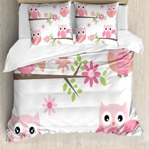 ABAKUHAUS Eule Bettbezug, Frühlings-Blumenbaby-Eulen, Milbensicher Allergiker geeignet mit Kissenbezügen, 200 cm x 200 cm - 80 x 80 cm, Rosa-Grün-Weiß