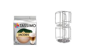 Kapselständer, Kapselhalter "Tassimo" für bis zu 48 Kapseln jedoch 6 Sorten auf kleinster Fläche und drehbar Plus 1 Packung  Tassimo Latte Macchiato
