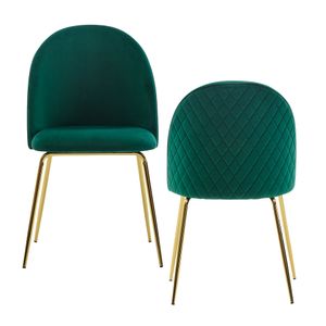 Wohnling Design Jídelní židle Set of 2 Velvet Green Upholstered | Fabric Kitchen Chair with Golden Legs | Scandinavian Shell Chair | Velvet Upholstered Chair