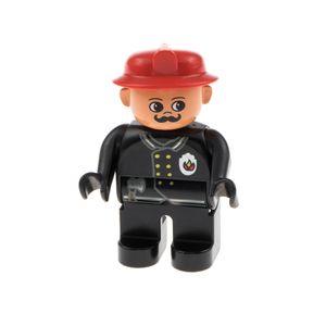 1x Lego Duplo Figur Mann schwarz Helm rot Schnurrbart Feuerwehr 4555pb151