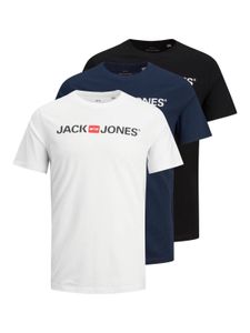JACK&JONES Herren T-Shirt, 3er Pack - JJECORP LOGO TEE CREW NECK, Logo-Print, Baumwolle Weiß/Marineblau/Schwarz L