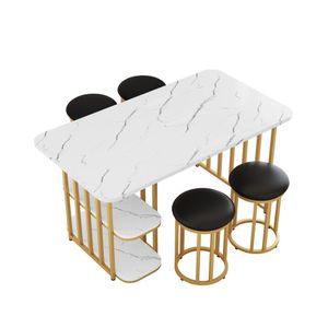 Zerbaco Esstisch-Set (mit Esstisch, 4 Stühlen)，Rechteckiger Esstisch, Weiß und Gold