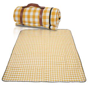 Picknickdecke 200x200cm Wasserdicht und Isoliert Reisedecke Campingdecke Stranddecke Leicht Kompakt XXL Camping Picknick Outdoor Garten Ultraleicht Campingmatte Gelb-weiß kariert