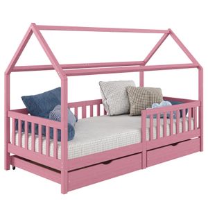 Hausbett NUNA aus massiver Kiefer, Montessori Bett in 90 x 200 cm mit Rausfallschutz, Spielbett mit Schubladen, modernes Kinderbett mit Dach in rosa