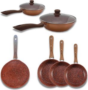 Kochset - Sauteusen, Pfannen und Pfannkuchenpfanne + 2 Deckel - Granit-Antihaftbeschichtung - Ideal für alle Herdarten