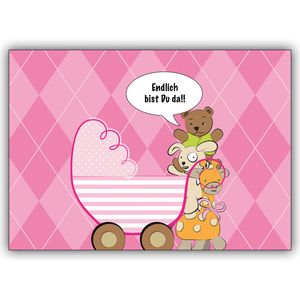 4x Rosa Babykarte zur Geburt eines Mädchen mit Kinderwagen: Endlich bist Du da