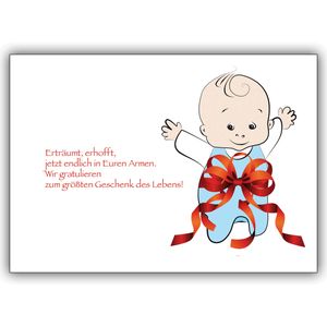 4x Liebevolle Babykarte zur Geburt eines Jungen mit Schleife