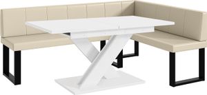 MEBLINI Eckbank für Esszimmer mit ausziehbarem Tisch  - Küchenbank - Essecke - Sitzecke Küche - PETER - U-Beine 142x196x87cm Rechts - Creme Kunstleder/B Weiß Matt