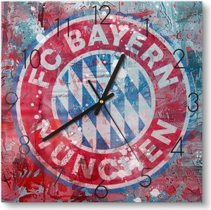 DEQORI Glasuhr 30x30 cm Zahlen 'Wappen FC Bayern München' Wanduhr Glas Uhr Design leise Küchenuhr
