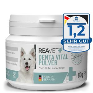REAVET Denta Vital Zahnpflege Pulver für Hund & Katze 80g - Natürlicher Zahnsteinentferner, Effektive Zahnreinigung ohne Zahnbürste, Mittel gegen Zahnstein und Maulgeruch beim Hund
