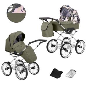 Kinderwagen ROMANTIC Sportwagen Babywagen Babyschale Komplettset Kinder Wagen Set 2 in 1 (Olive + Blumen, Rahmenfarbe: grau)