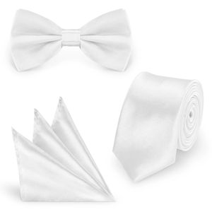 SET Krawatte Fliege Einstecktuch Weiß  einfarbig uni aus Polyester