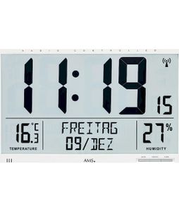 AMS 5887 Wanduhr Tischuhr Funk Funkwanduhr digital weiß Datum Thermometer Wecker
