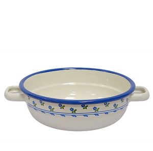 Emaille Bauernschüssel, Schüssel mit Henkel, Suppenschüssel Creme Blümchen 16 cm
