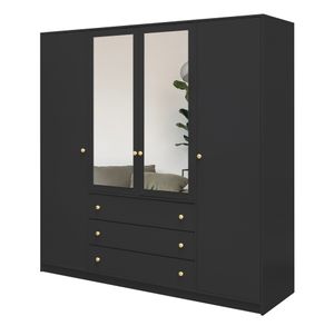 Albello Kleiderschrank mit Spiegel Selly Schlafzimmerschrank Kleiderschrank für das Wohnzimmer Schwarz Golden 196x200x57,5