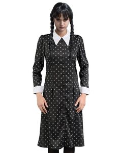 Kostüm "Wednesday" für Damen | Print Kleid Schwarz Weiß - Addams Family  Größe: M
