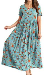 Women Short Sleeve Sundress Summer Crew Neck Long Dress Casual Floral Printed Maxi Dresses,Farbe:6 #,Größe:2XL