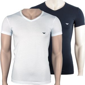 EMPORIO ARMANI 2P Herren slim fit stretch V-Neck T-Shirts    Weiß  Dunkelblau   S  2er Pack