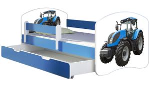 ACMA Jugendbett Kinderbett Junior-Bett Komplett-Set mit Matratze Lattenrost und Rausfallschutz Blau 42 Traktor 180x80 + Bettkasten