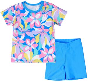 Aquarti Baby Mädchen Zweiteiler Kinder Badeanzug Bade-Set Bade T-Shirt Badehose UV-Schutz, Farbe: Blumen / Rosa / Blau / Gelb, Größe: 86