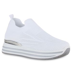 VAN HILL Damen Plateau Sneaker Strick Profil-Sohle Slip Ons Stoff-Schuhe 840949, Farbe: Weiß, Größe: 40