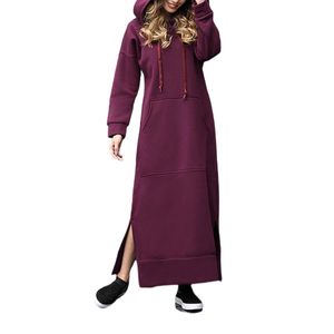 Damen Maxikleider Split Hoodies Kleid Bequeme Warm Mit Känguru Taschen Langes Kleid Weinrot,Größe:L