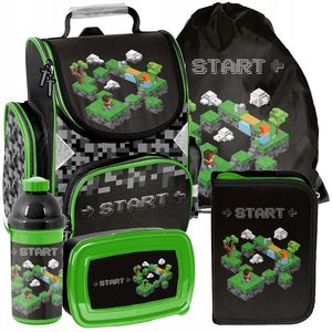 Paso MINECRAFT - 5-teiliges Set - Rucksack, Federmäppchen, Tasche, Trinkflasche, Frühstückstasche, Schulranzen