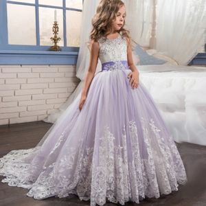 Mädchen Prinzessin Kleid Blumenmädchen Hochzeitsfest Kleid Nachlaufender Rock, Größe:140 Lila