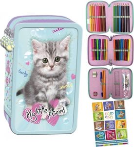 Federmäppchen 3 Fächer - Mäppchen für Mädchen - Federmappe 3-Fach Federtasche Gefüllte Schüleretui 43-teilig Schulmäppchen und Hausaufgabenheft Katze