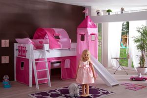 Relita - Halbhohes Spielbett Kim mit Rutsche, Turm, Tasche und Tunnel, Buche massiv weiß lackiert, mit Stoffset pink/rosa/herz