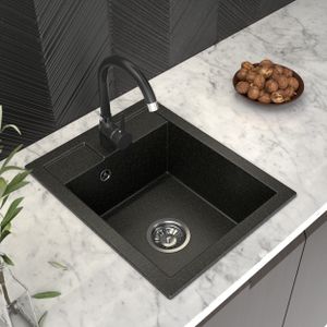 Küchenspüle 40x50 cm, Spüle aus Granit mit Siphon Chrom, Sieb und Imprägniermittel, Spülbecken mit 1 Becken, Einbauspüle, Schwarz mit Gold Küchenspüle 40x50 cm, Spüle aus Granit mit Siphon Chrom, Sieb und Imprägniermittel, Spülbecken mit 1 Becken, Einbauspüle, Schwarz mit Gold