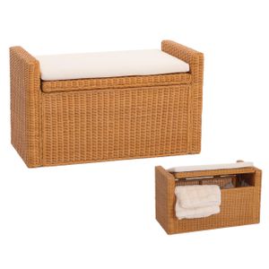 Sitzbank M92 Garderobenbank Bank Sitzhocker, mit Stauraum Kissen Kubu Rattan 88cm  honigfarben