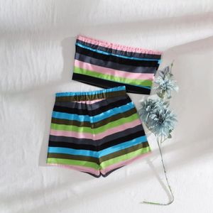 Damen Bunt Gestreifte Tube Top Shorts Zweiteiliges Schulterfreies Ärmelloses Loungewear Set,Farbe:Abbildung 5,Größe:L