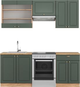 Vicco Küchenzeile Fame-Line, 200 cm ohne Arbeitsplatte, Grün-Gold Landhaus/Goldkraft Eiche