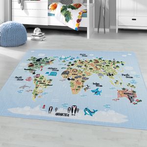 Play Weltkarte anti-rutsch kinderzimmer spielmatte schlingenflor rechteckig 100x150cm blau