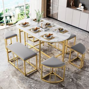 Jídelní set Flieks 7dílný, jídelní stůl se 2 lavicemi a 4 židlemi, jídelní set kuchyňského stolu se zlatými nohami, sedací souprava jídelní stůl oválný